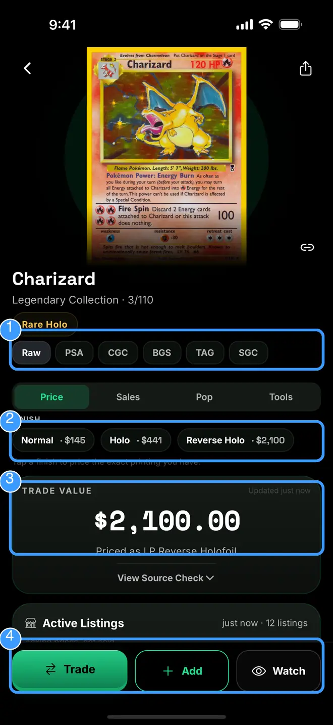 Card Detail with grades, printings, trade value, and the action bar marked