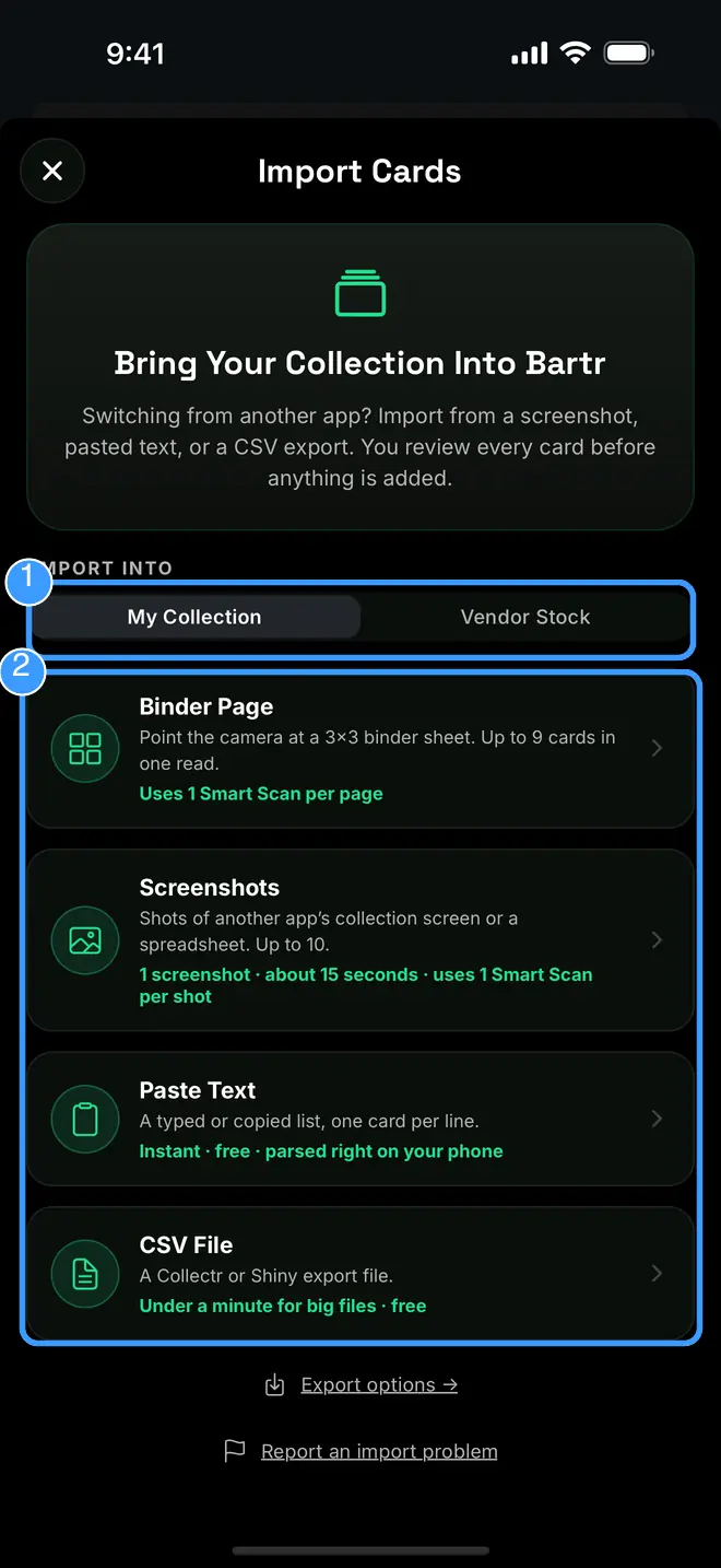 The Import Cards hub with the destination toggle and the four methods marked