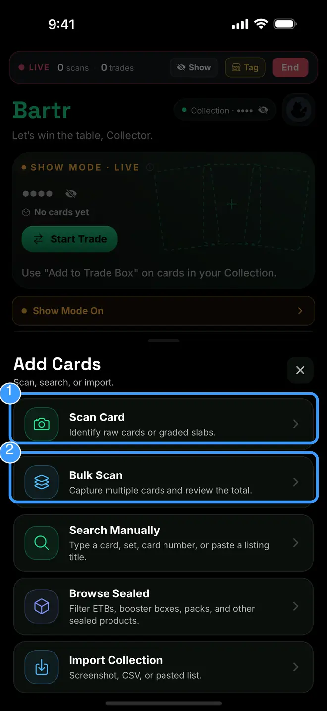 The Add Cards menu with Scan Card and Bulk Scan marked