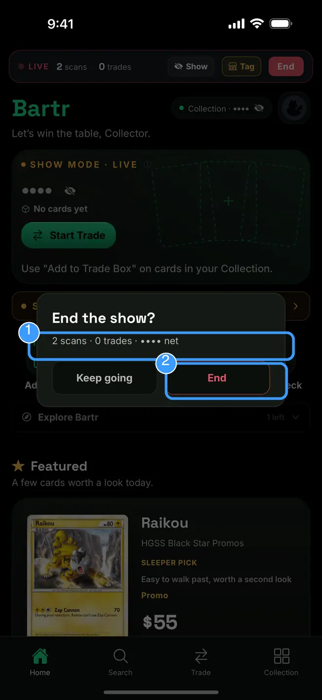 The End the show dialog with the session line and End marked