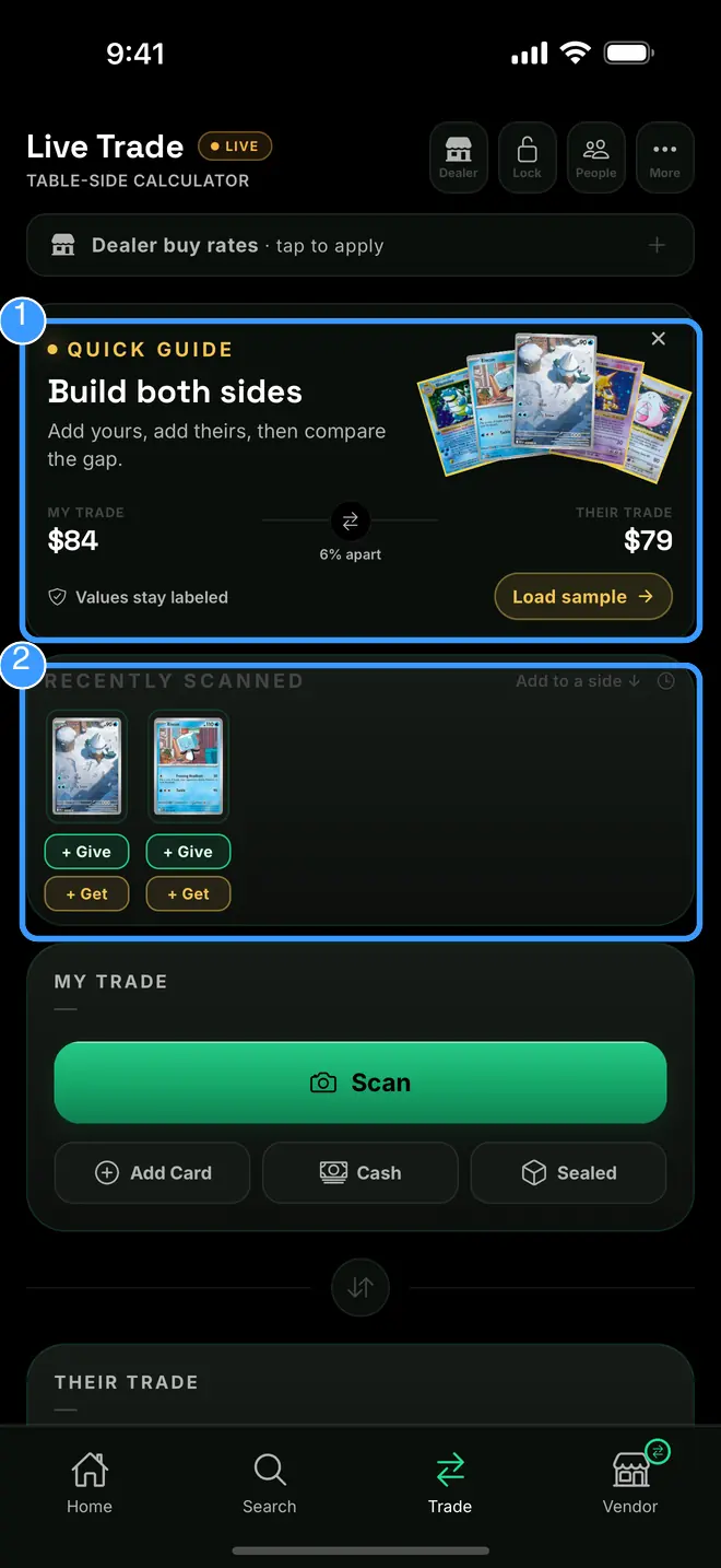 The Quick guide banner and the Recently Scanned tray marked