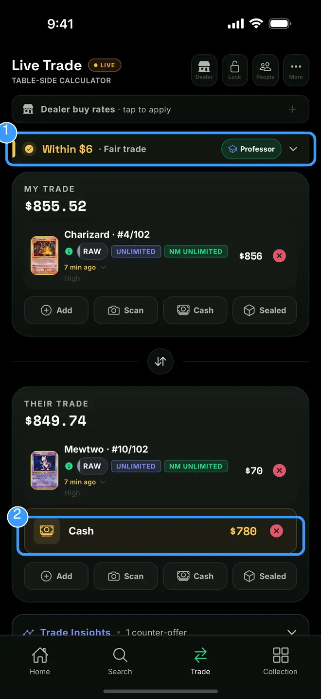 The fair-trade verdict with the cash row marked