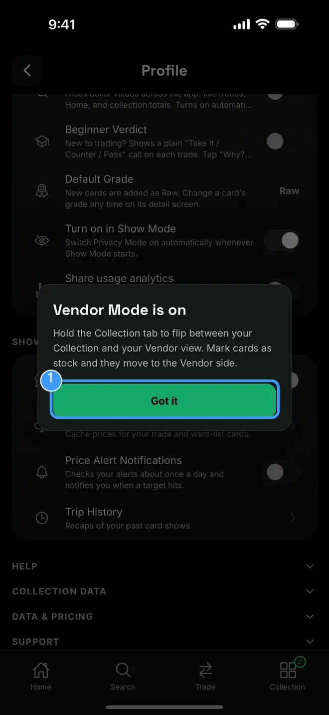 The Vendor Mode is on dialog with Got it marked