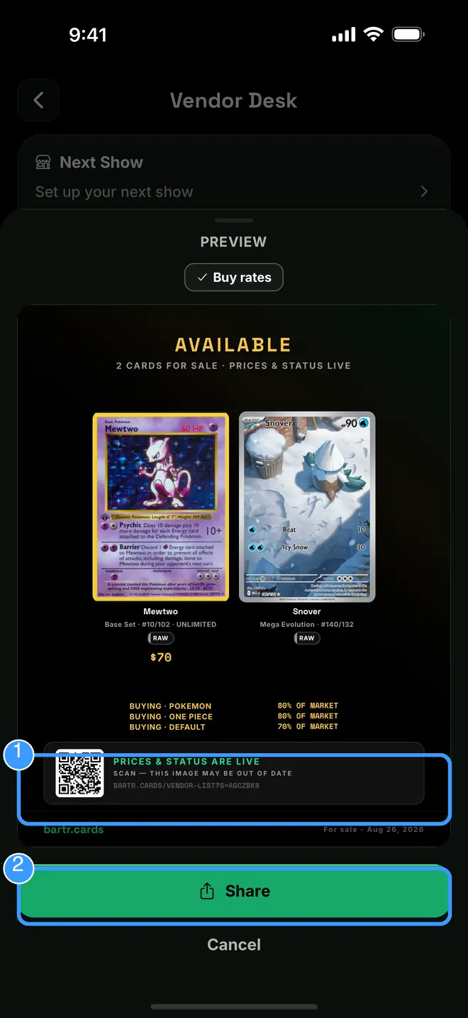 The share preview with the QR code and Share button marked