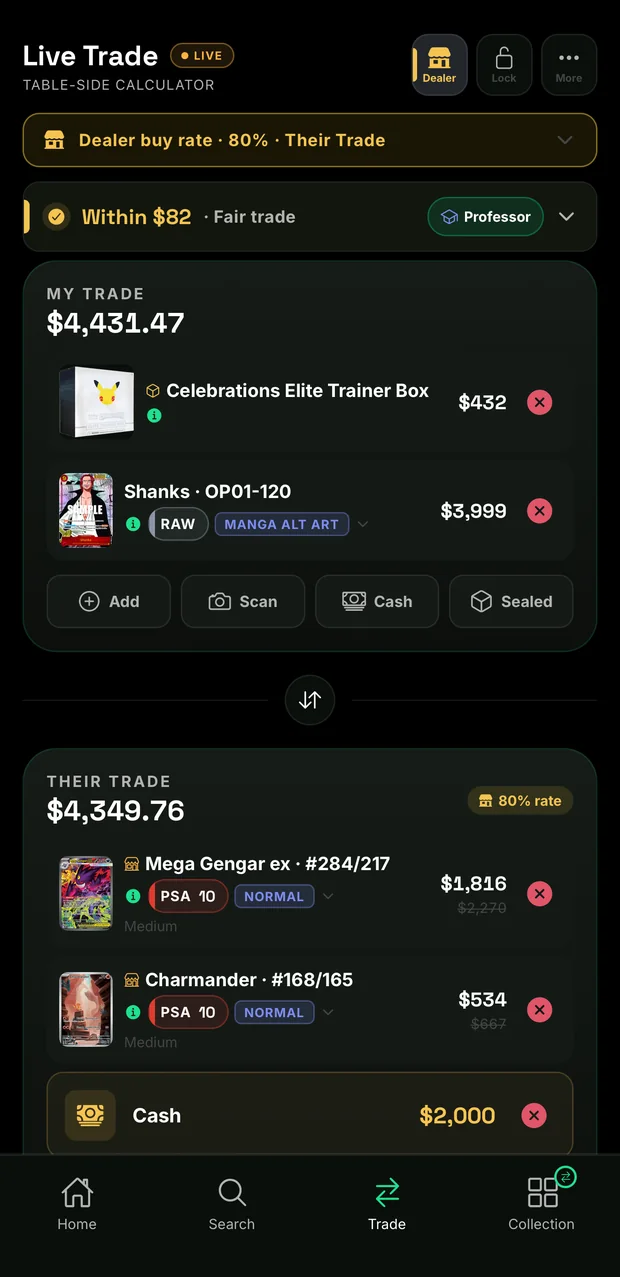 The Bartr live trade calculator: a Within $82 fair-trade verdict at an 80 percent dealer buy rate, with a sealed Pok&eacute;mon box and a One Piece card on one side, and two PSA 10 slabs plus cash on the other.